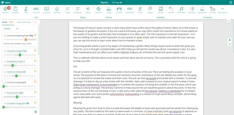 Interfaz del editor web de ProWritingAid